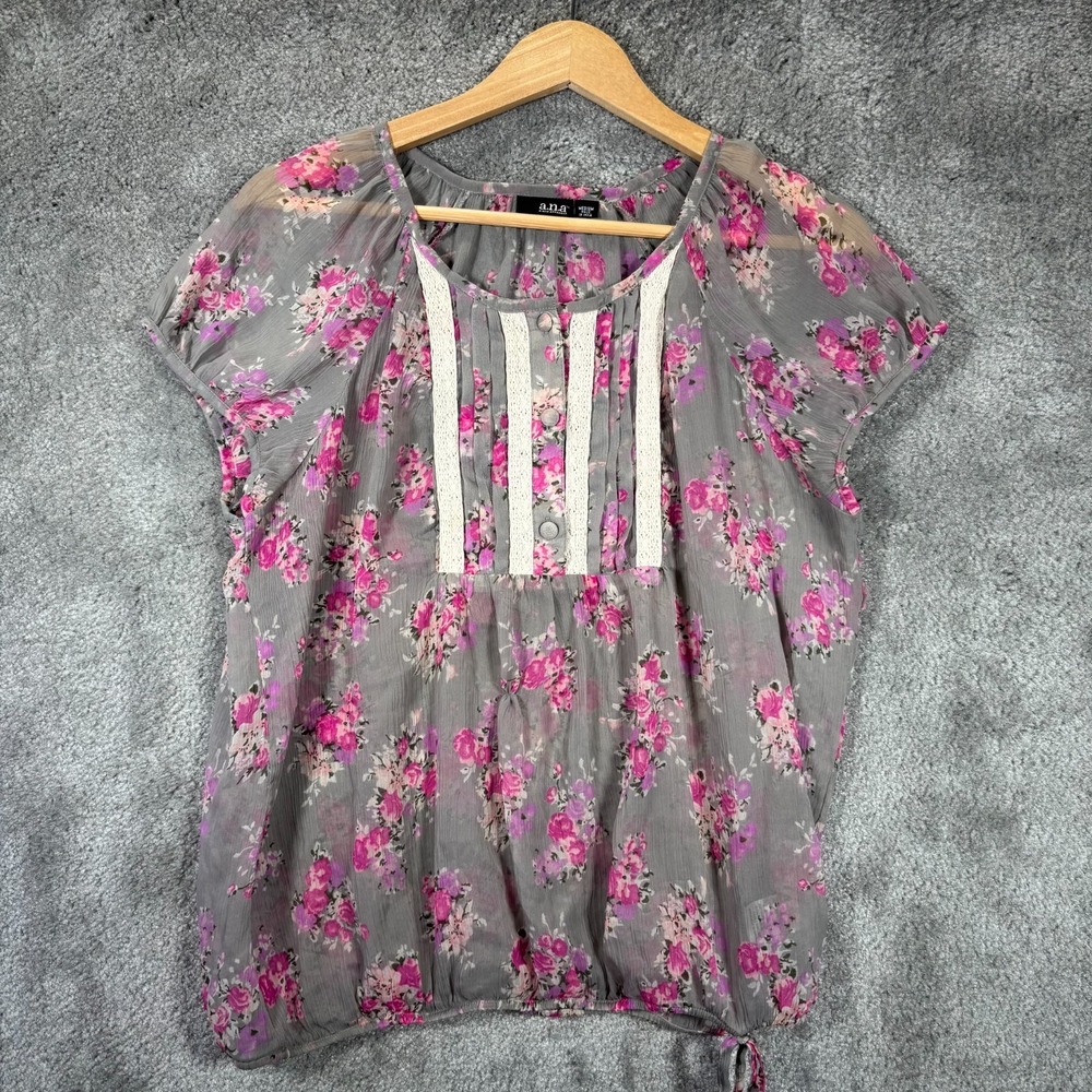 A.n.a Chiffon Blouse Top Womens M Pink Floral‎ Sheer Pintuck Lace Tirm Tie Hem